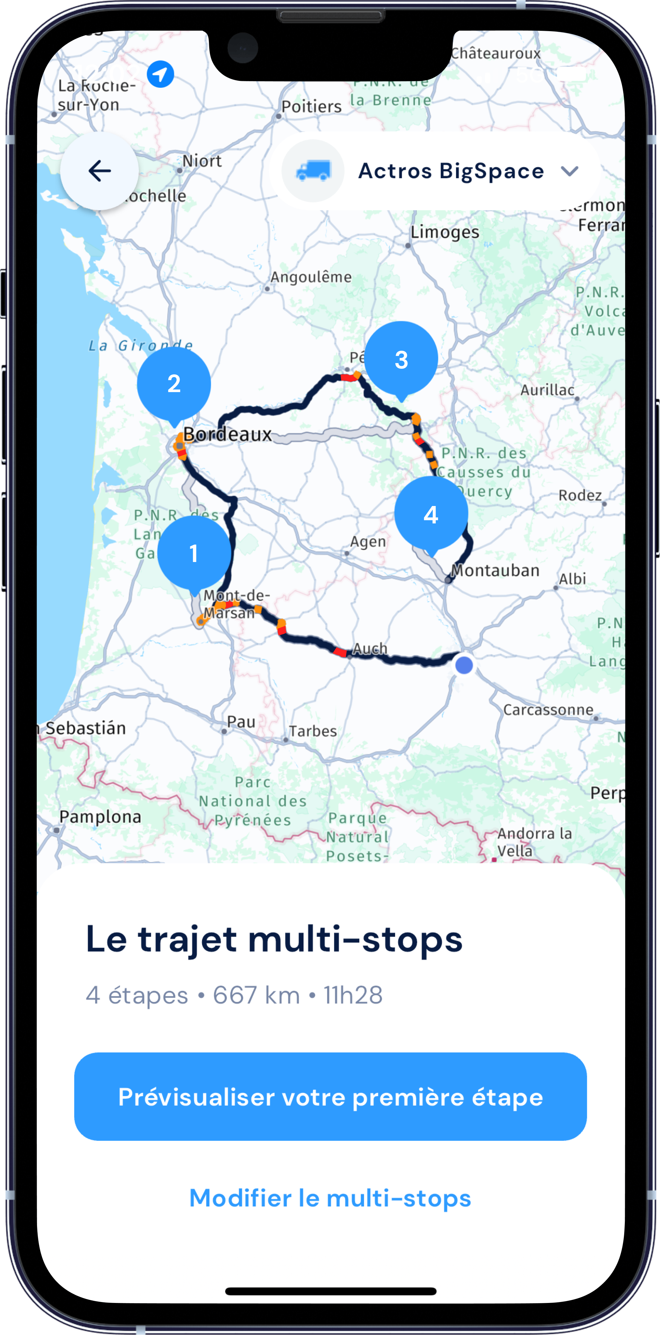 Visualisation des POI accessibles en poids lourd le long de l'itinéraire