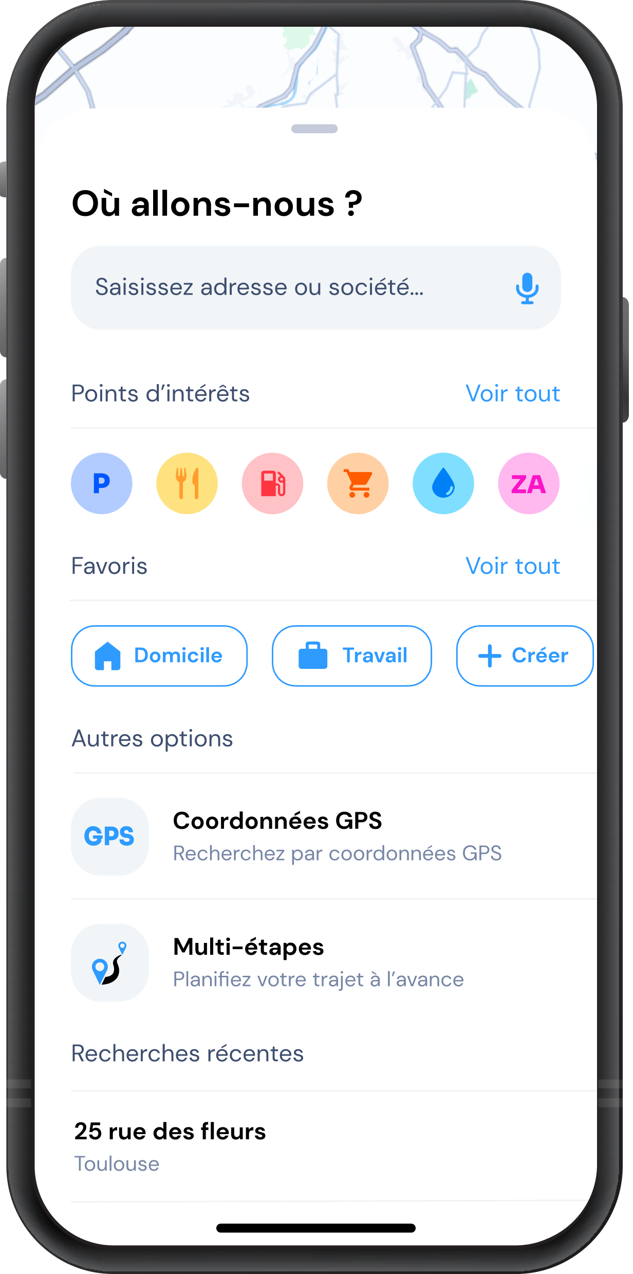 Recherche par adresse, nom de société coordonnées GPS et favoris