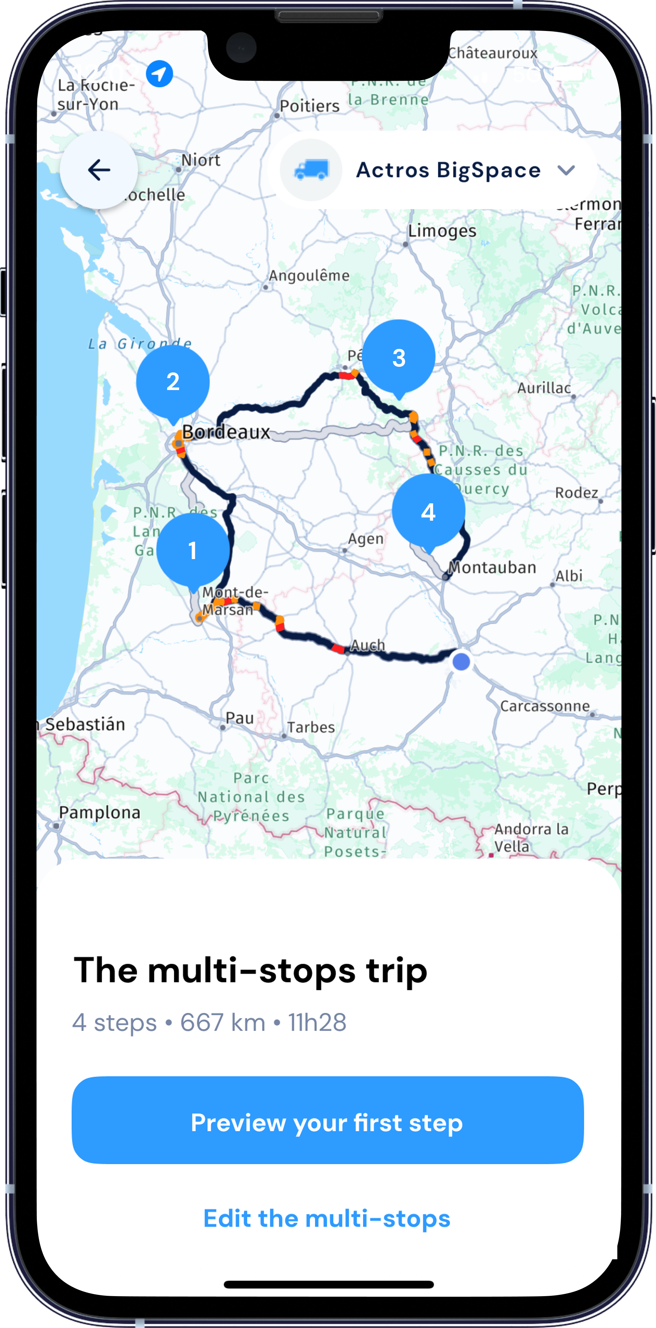 Visualisation des POI accessibles en poids lourd le long de l'itinéraire