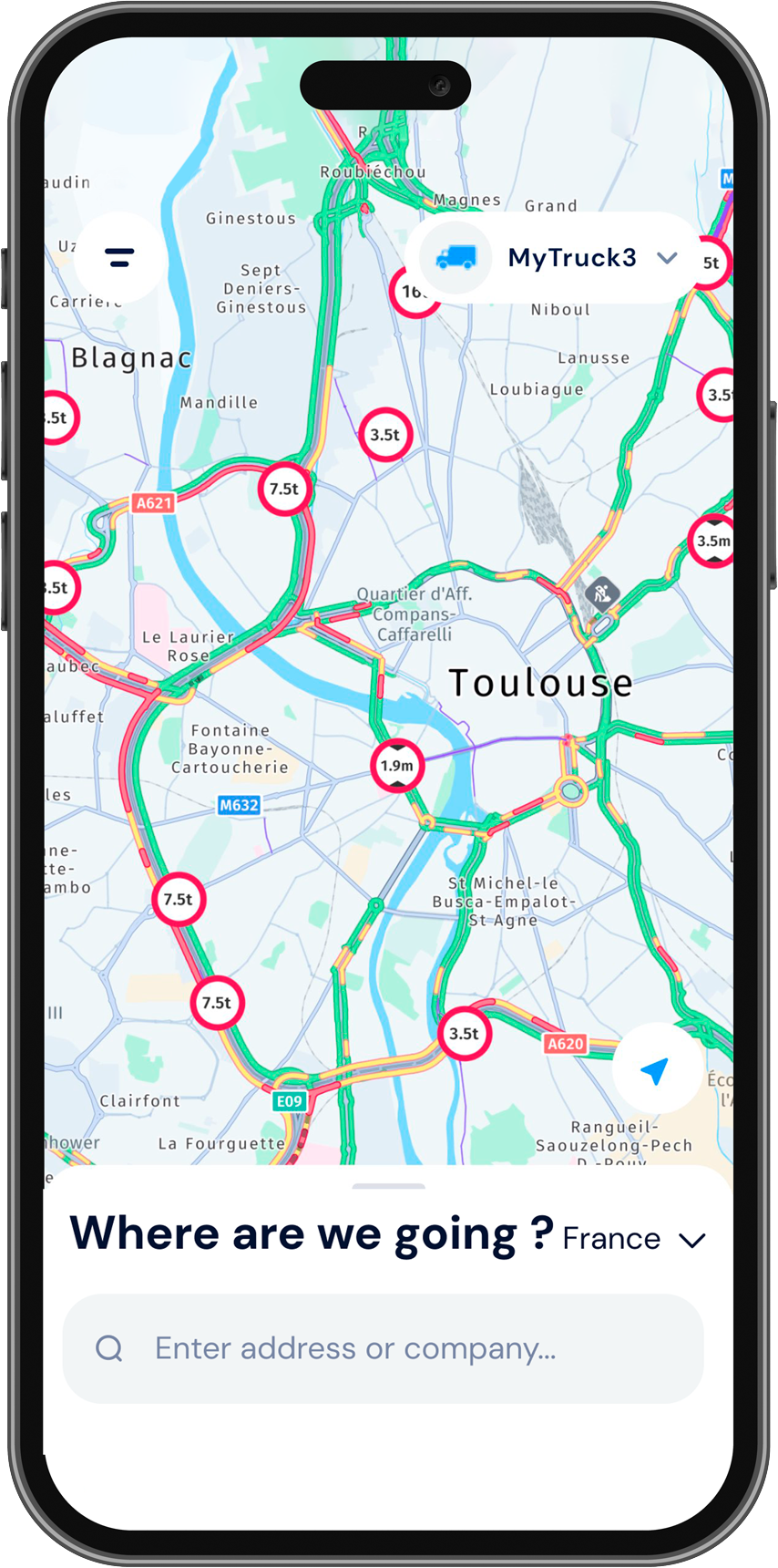 Visualisation des POI accessibles en poids lourd le long de l'itinéraire